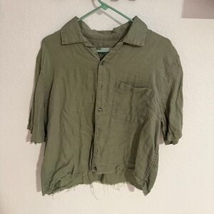 Olive Green Casual Button Down Cropped Shirt
